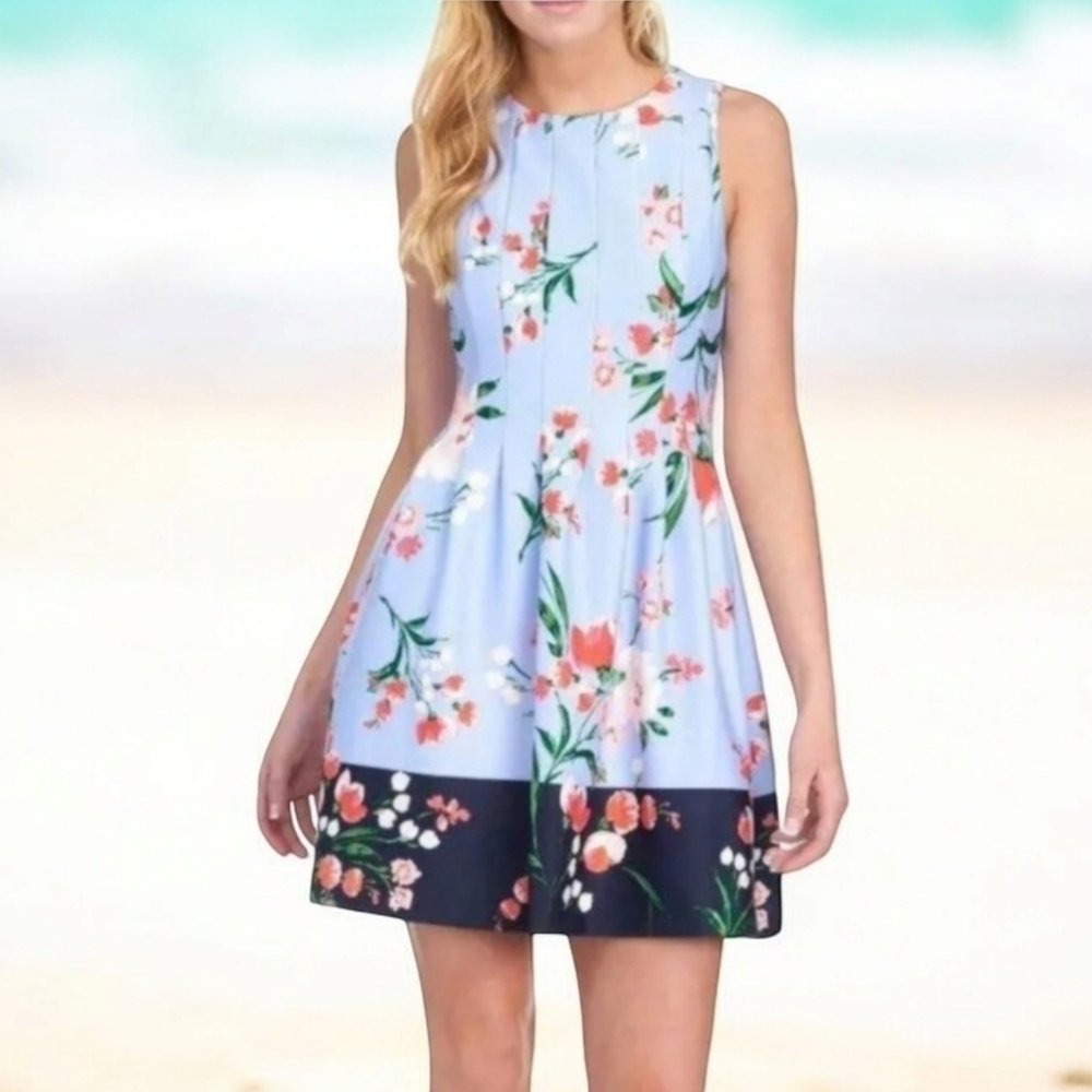 Vince Camuto blue floral print sleeveless dress pleat fit and flare dress
